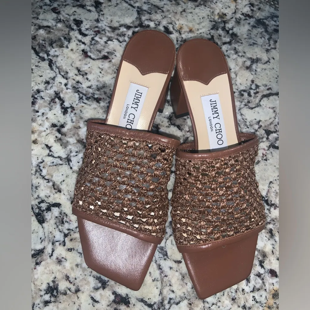 Jimmy Choo 
Themis 45 Raffia Mule brown classic crochet leather designer luxury - Image 3