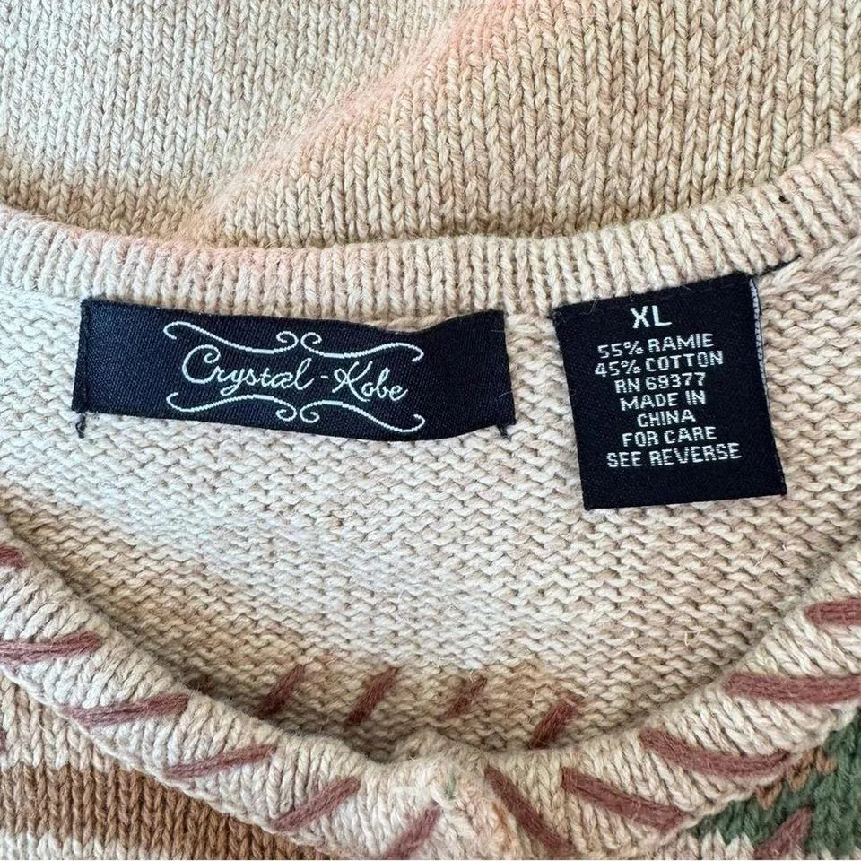 Vintage Embroidered Winter Cardigan XL whimsical kitchy Christmas holiday‎ Tan - Image 2