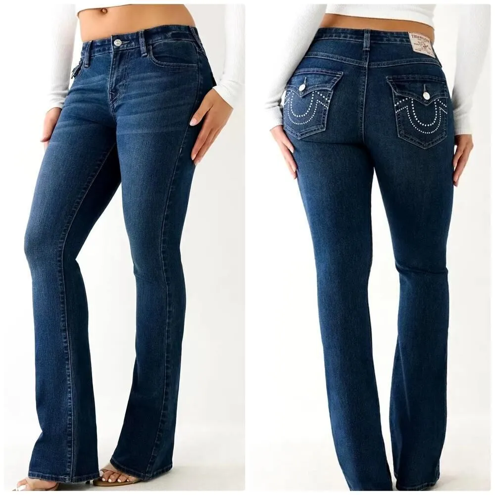 True Religion Jeans Womens 31 Becca Mid Rise Bootcut Crystal Flap Dark Glacial - Image 2