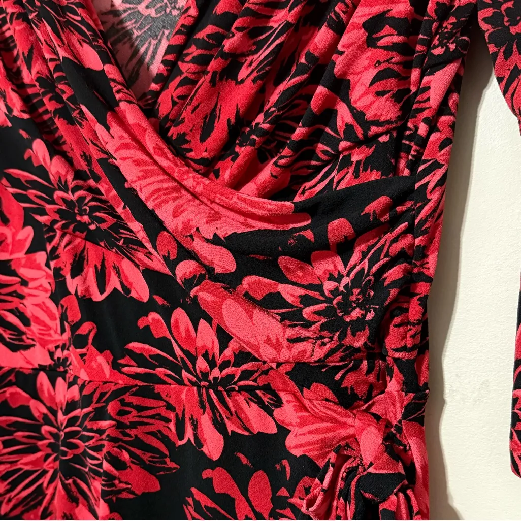 Leota women's XL sweetheart faux wrap knit dress red & black floral3/4 sleeves - Image 6