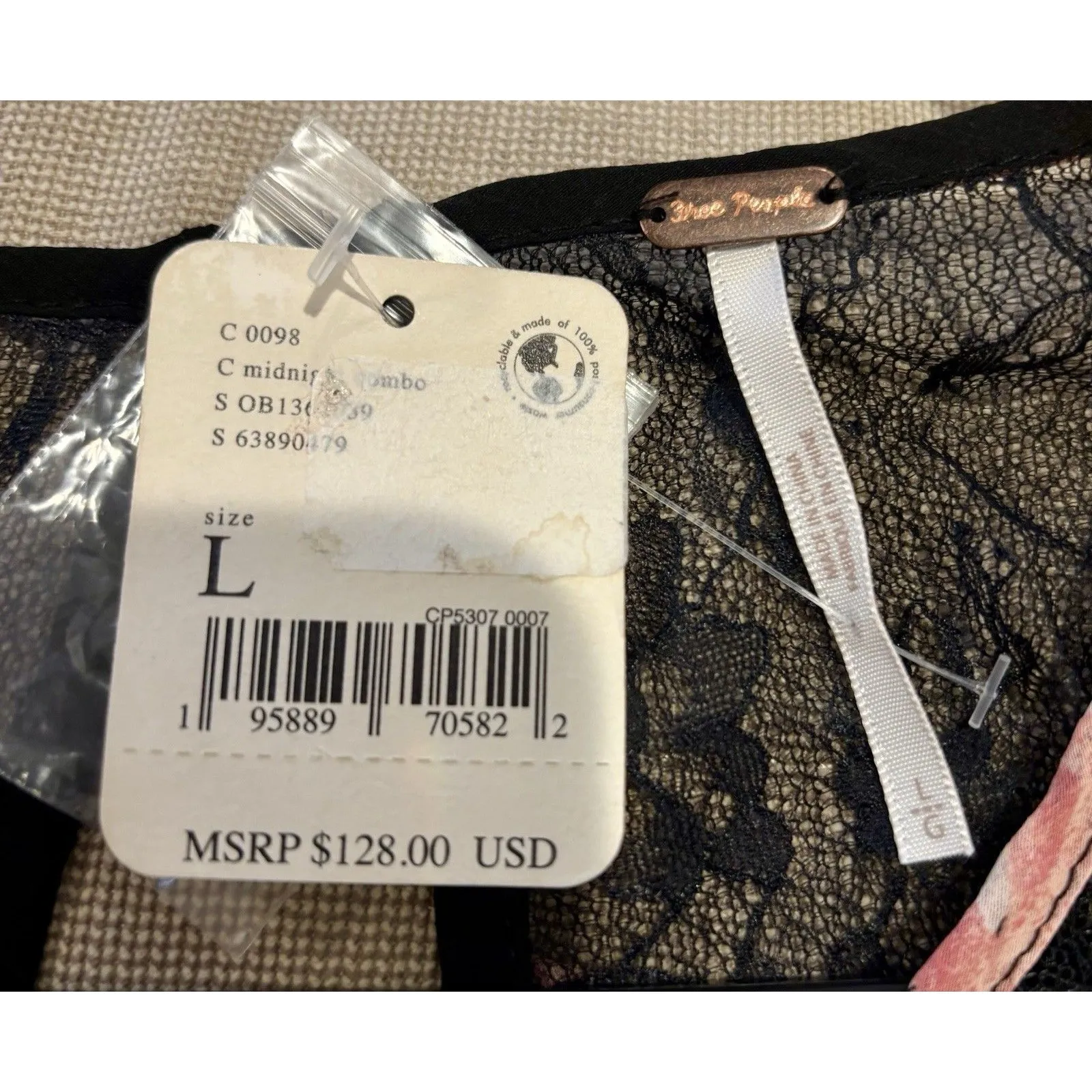 FREE PEOPLE Daphne $128 Black Pink Floral Lace Ruche Ruffle Cuff Top L NWT $128 - Image 7