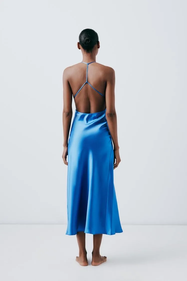 ZARA  maxi long satin slip blue strappy royal bodycon gown dress evening wedding - Image 15