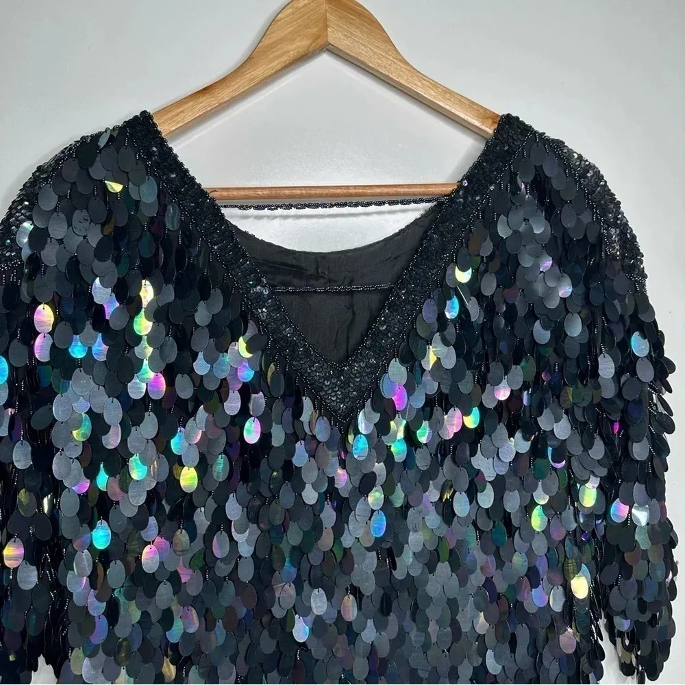 Greg Adams Vintage 80’s Pure Silk Sequin Beaded Flapper Style Party Dress M Black Size M - Image 13