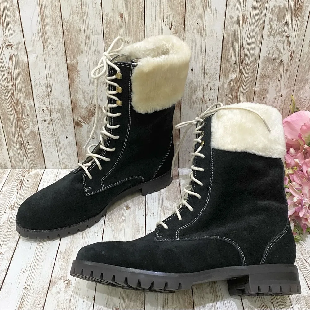 Cole Haan Nike Air Faux Fur Trim Black Waterproof Lace Up Combat Boots 8… - Image 4