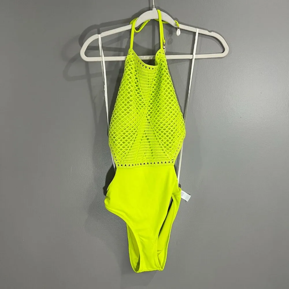 Aerie NWT Neon Green Jacquard Cut Out String One Piece Swimsuit Size Med - Image 2