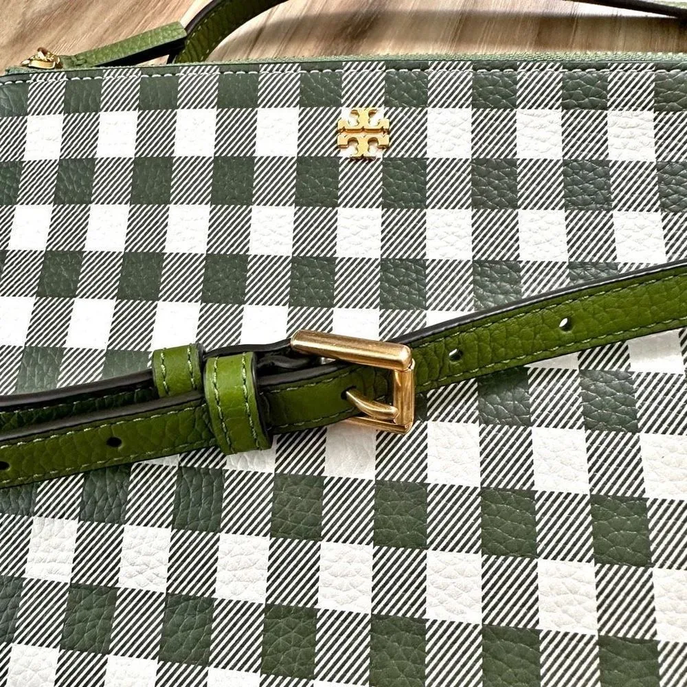 TORY BURCH | Blake Green White Gingham Crossbody Double Zip 3 Compartment Bag - Image 12