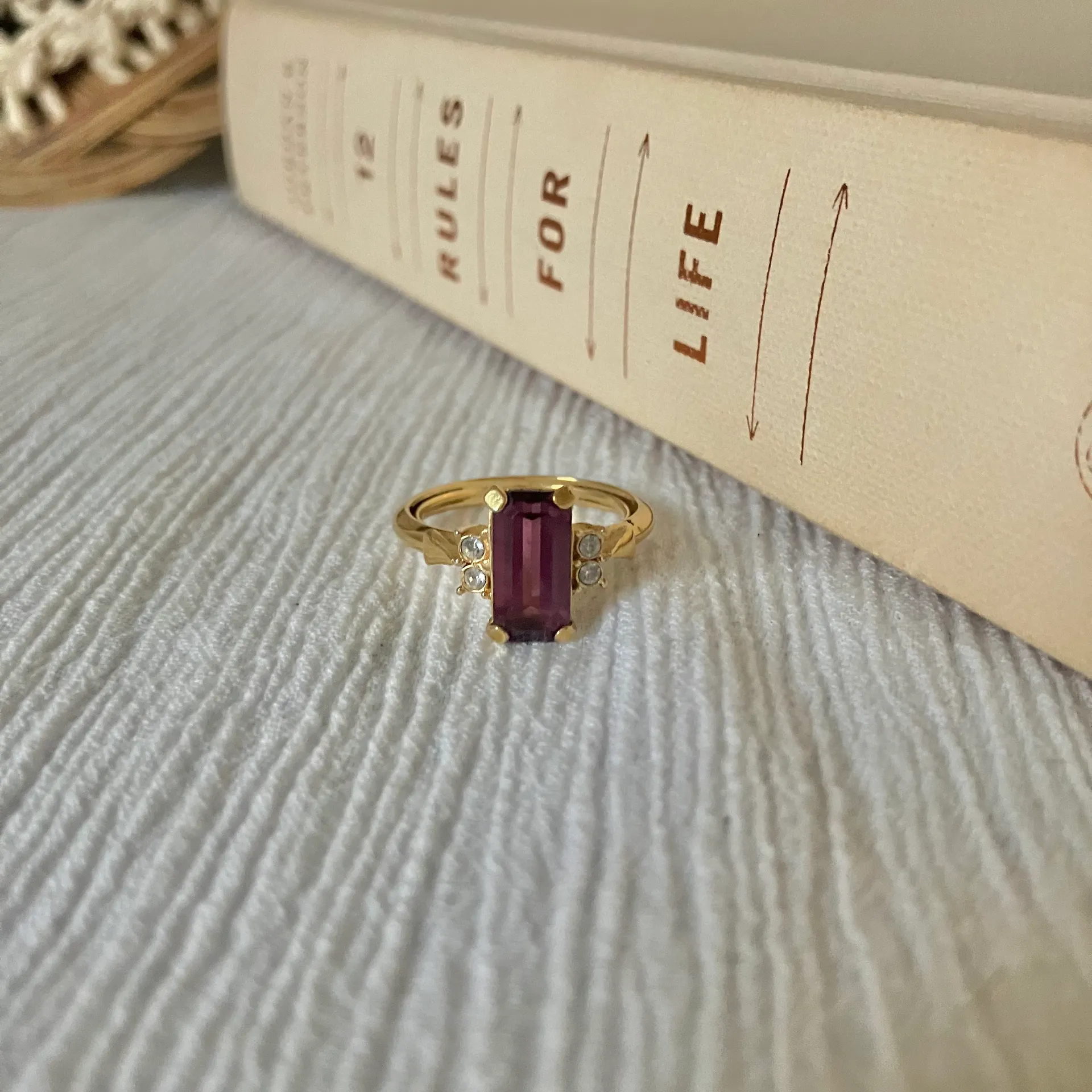 Avon Amethyst Emerald Cut Gold Cocktail Ring “Iphigenia” Classic Purple 9.5 - Image 6