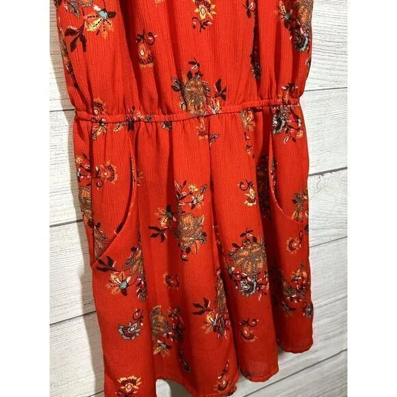 Woman's Size Medium Romper Floral Orange Red‎ Pockets Sleeveless As U Wish - Image 3