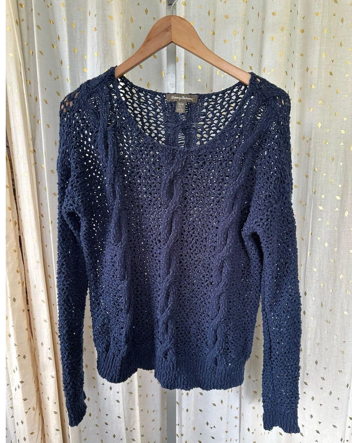 Tommy Bahama Women's 100% Cotton Navy Loose Cable Knit Pull Over Sweater M - Image 2