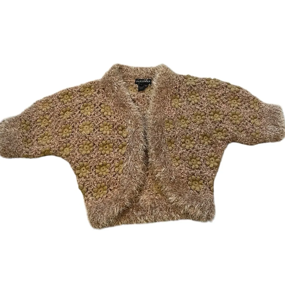 Talk Of The Walk Chunky Knit Crochet Inset Open Front Sweater Cardigan, Sz M Gold Size M - Image 8