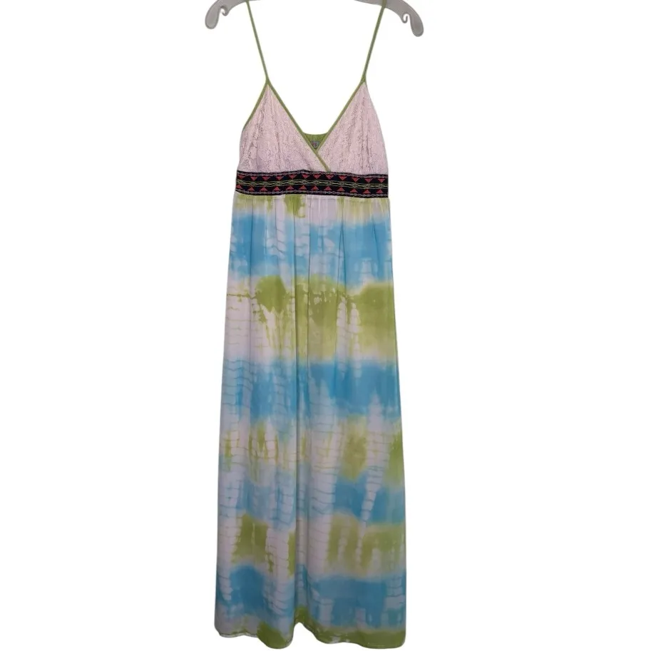 FLYING TOMATO Blue White Green Tie Dye Maxi Dress Size Small Sleeveless Boho - Image 2