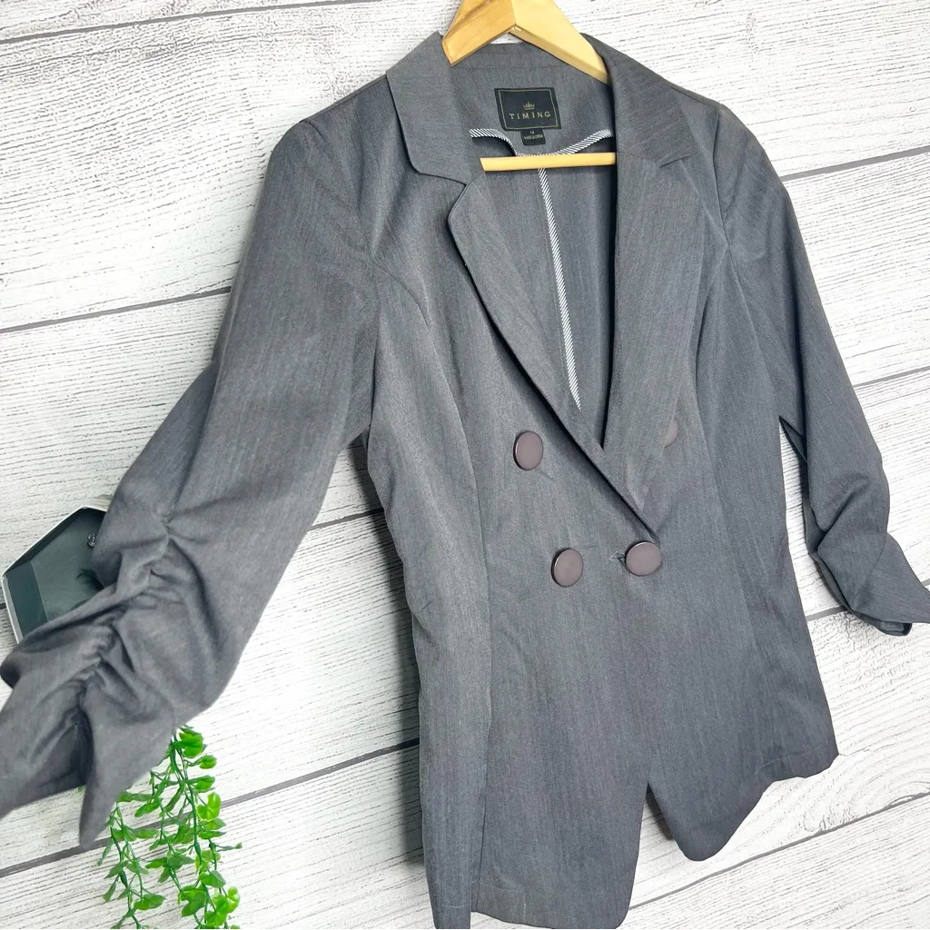 Timing  Gray Ruched Sleeve Double Breasted Blazer Suit Jacket Size Medium - Image 8