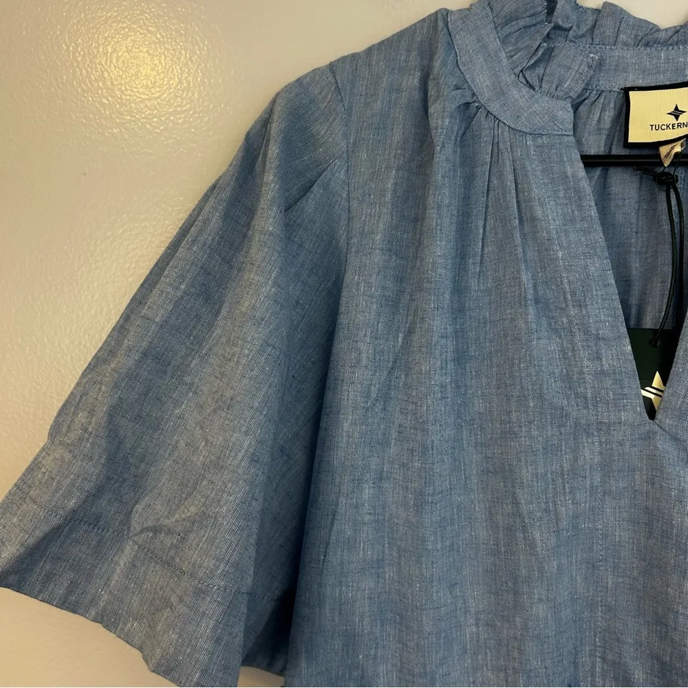 NWT Tuckernuck Chambray Crawford Blue Tiered Linen Blend Ruffle Mini Dress Small - Image 6