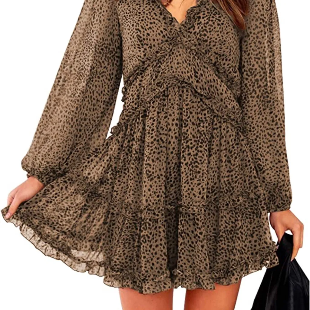 Brown Mix Print Aline Ruffle Accent Tiered Openback Mini Swing Dress sz - Image 2