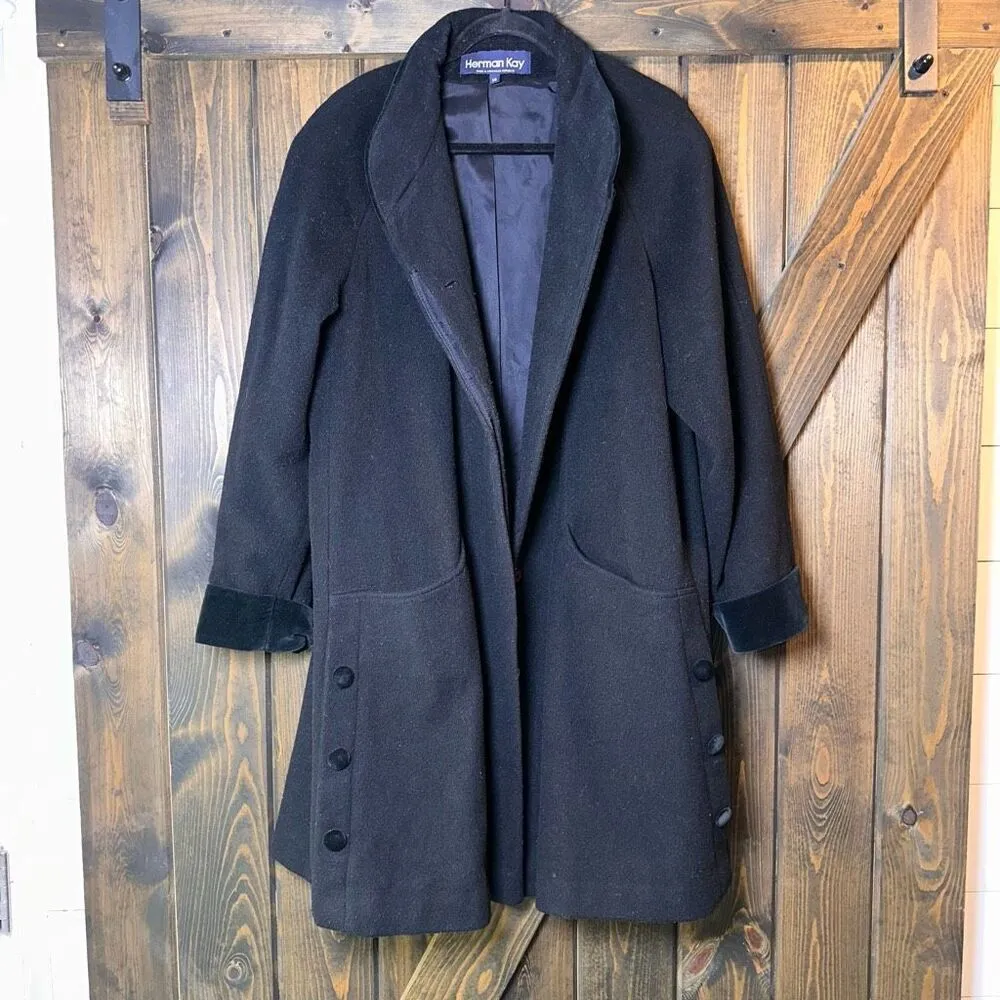 Vintage Herman Kay 100% WOOL Coat Lined Jacket Pea Coat Black Size 14 - Image 2