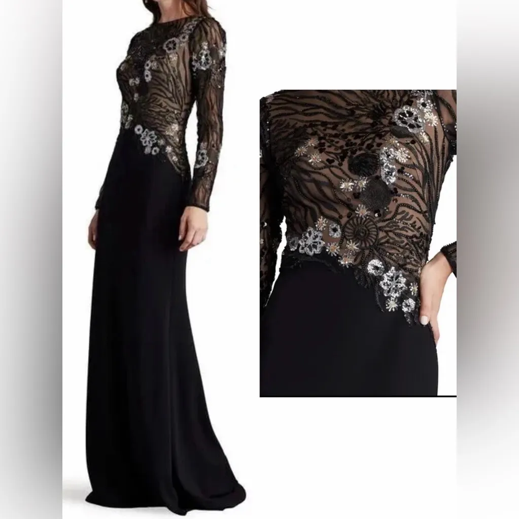 NEW Tadashi Shoji Black Sequin Under sea Lace Bodice Long Sleeve Gown Size 2 - Image 3