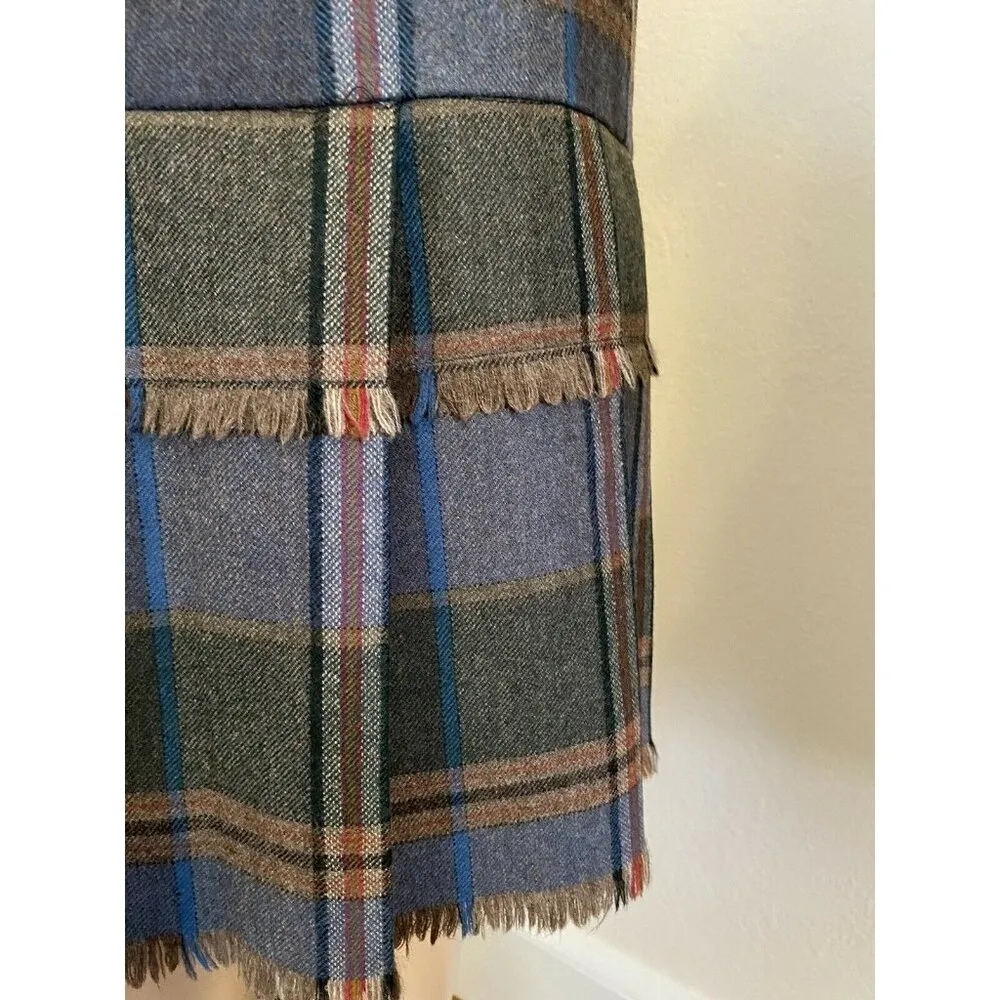 VTG New 70’s Escada SRB 10 Wool Skirt Tartan Plaid Fringe Midi Blue Scottish - Image 4