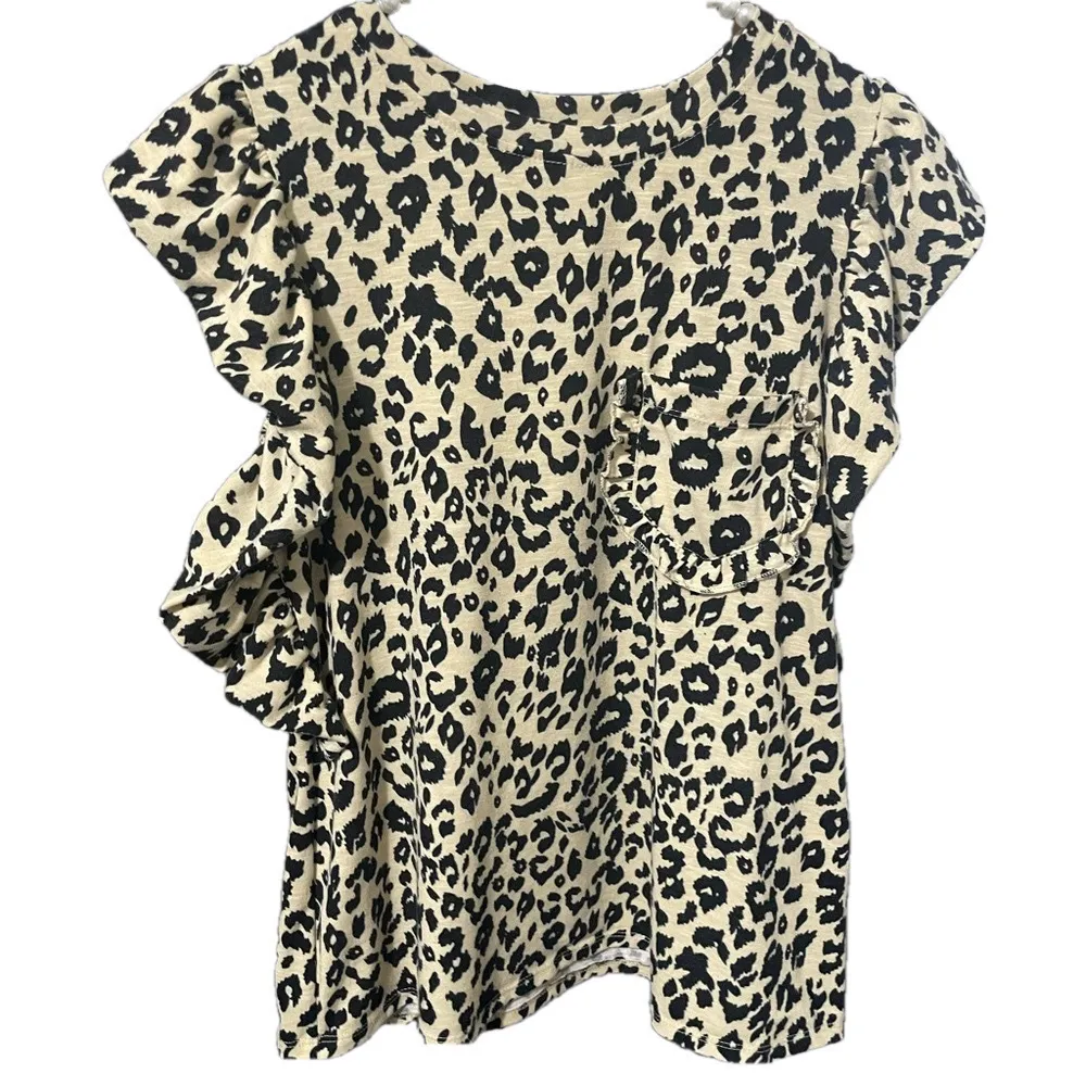 Leopard Prin Top Womens Small Ruffle Flutter Sleeve Casual Edgy Feminine Pocket Black - Image 4