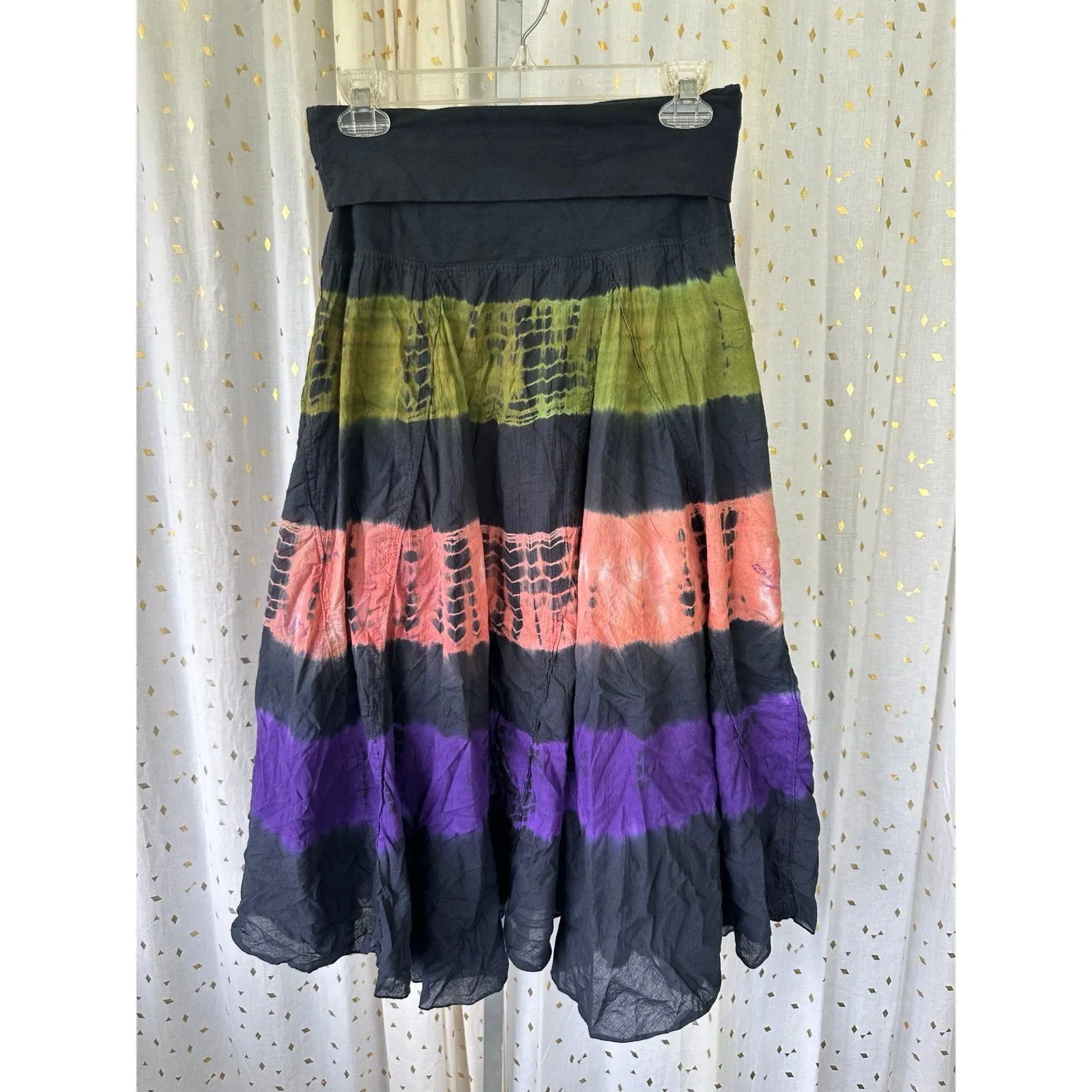 Now And Then Bohemian Stripe Tie Dye Fold Over Whimsical Flare Midi Maxi Skirt S Black - Image 2