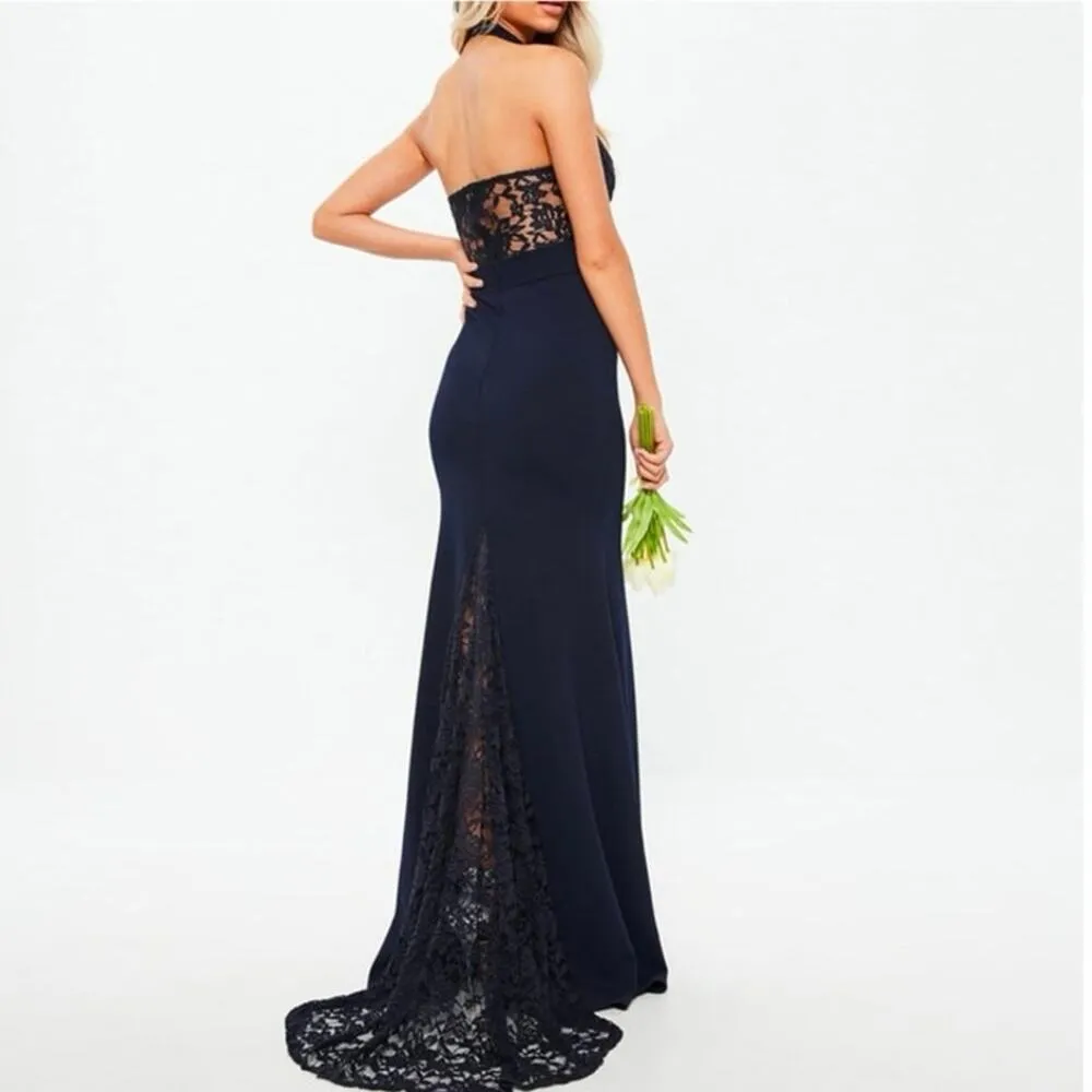 Missguided Navy Blue Lace Halter Sleeveless Cocktail Maxi Bridesmaid Dress Sz 2 - Image 3