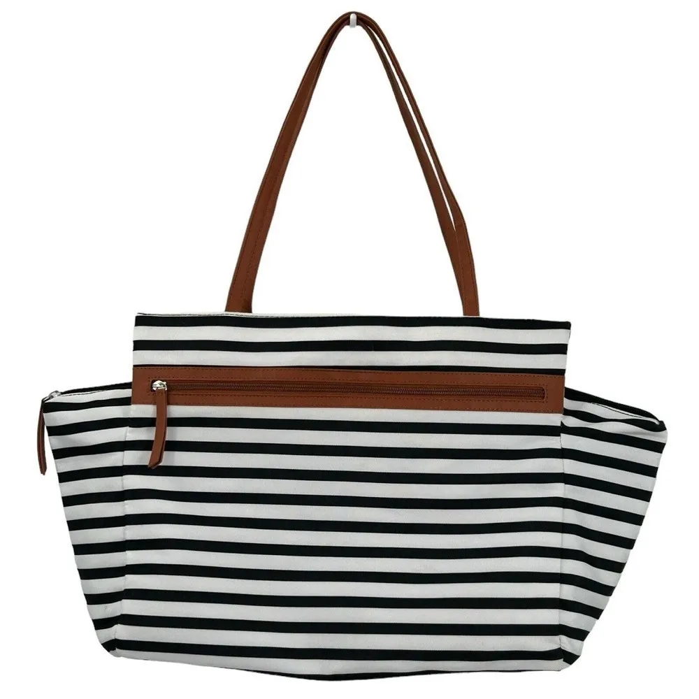 DSW Exclusive-Striped Overnighter Large Tote Bag Black White Canvas Strap Pocket - Image 2