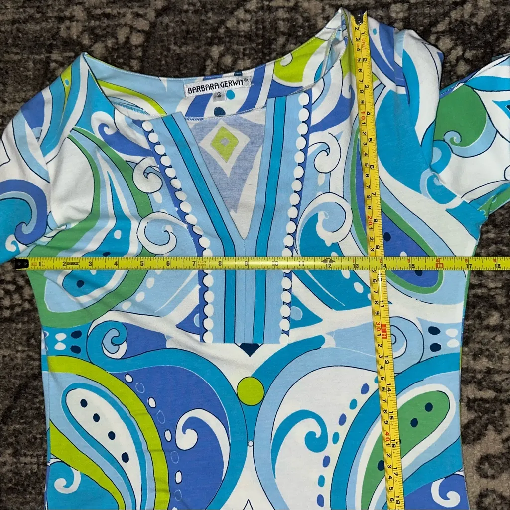 Barbara Gerwit Women’s Size S Blue White Green Abstract Geo Knit V - Image 6