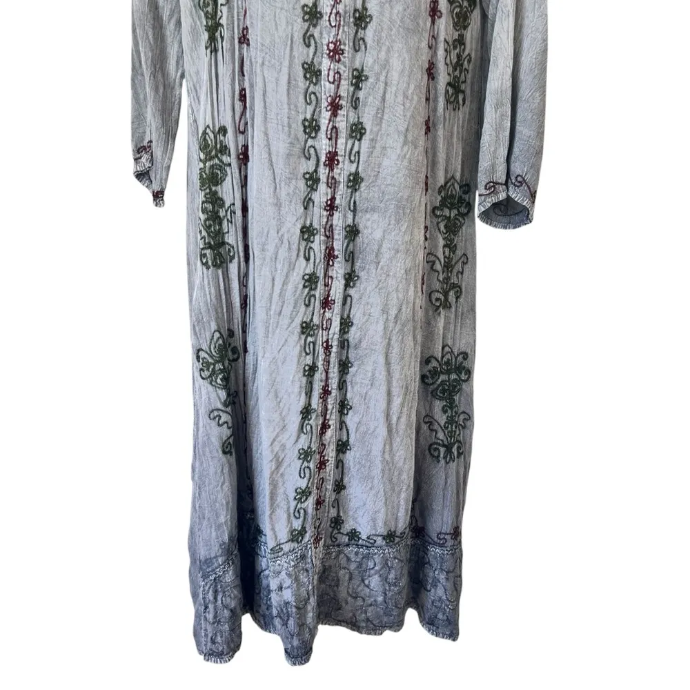 S.R. Fashion Gray Stone Wash Boho Floral Embroidery Button Front Maxi Dress Size XXL - Image 3