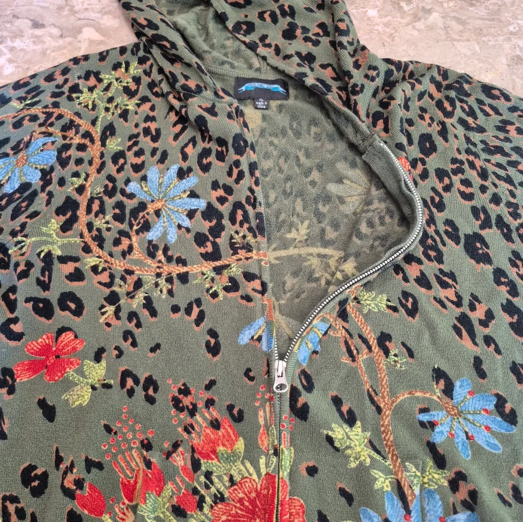 "Til The End" Floral Leopard Print Hoodie Sweatshirt Size XL Green - Image 9