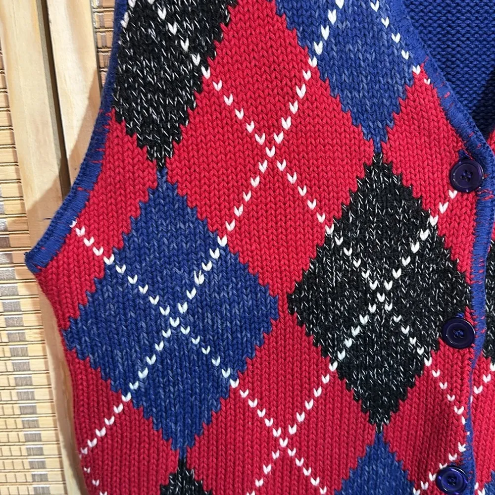Bechamel Casual Vintage 1990s Blue Red Argyle Plaid Sweater Vest Large - Image 6