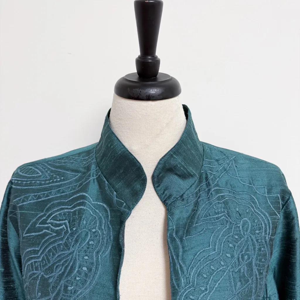 Anu Teal Dupioni Silk Embroidered 3/4 Turn Up Cuff Sleeve Open Jacket Large Blue - Image 2