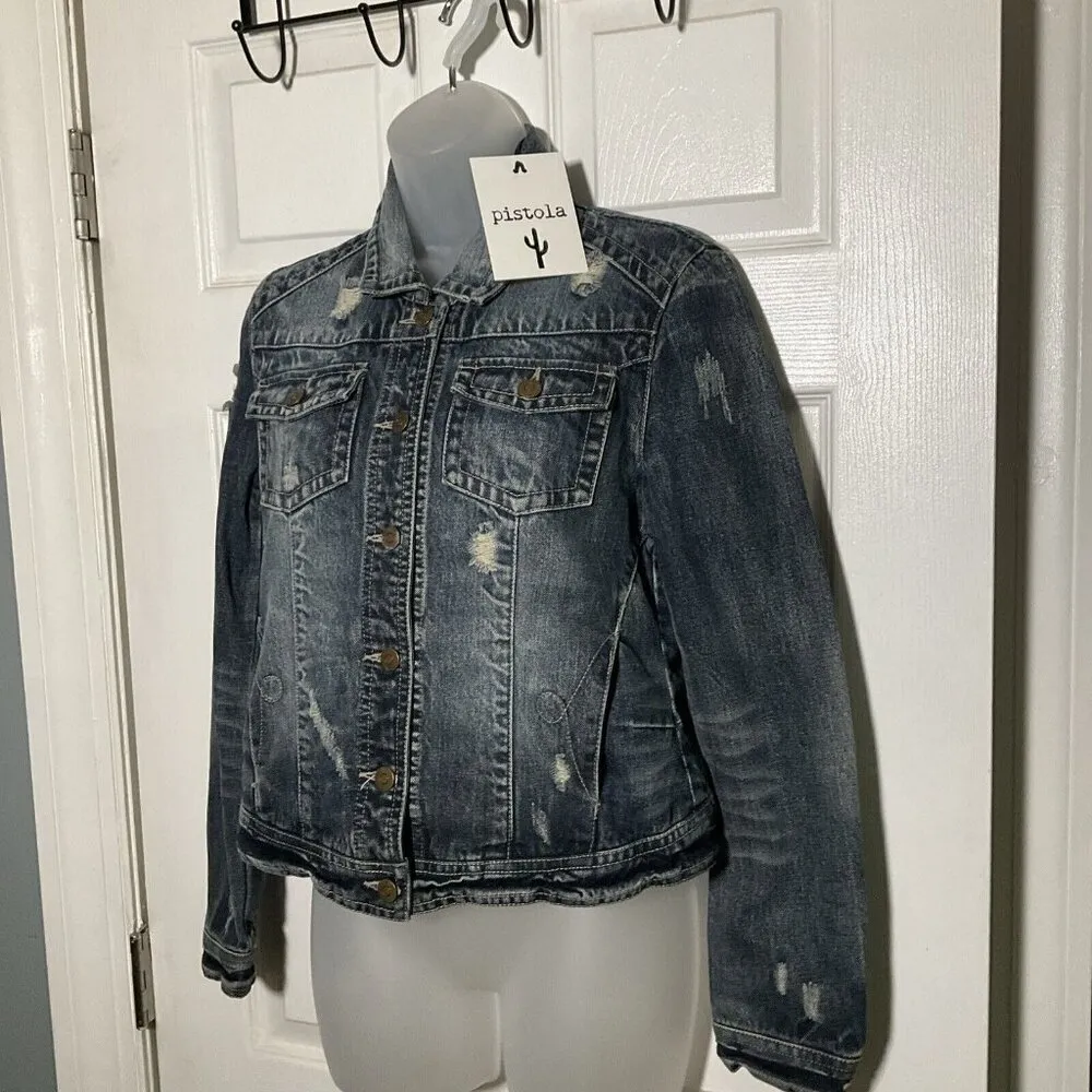 PISTOLA  denim Jacket Distressed Size Medium NWT Pockets Rodeo western classic - Image 2