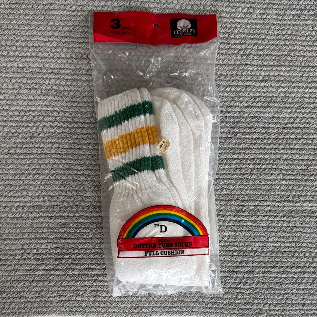Vintage 80s Striped Cotton Tube Socks New in Package One Missing Green - Image 2