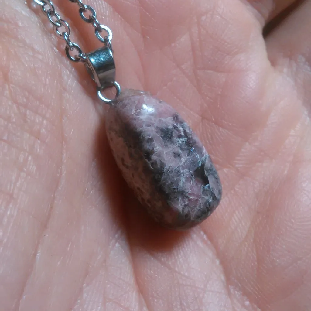 Rhodochrosite Silvertone Brass Pendant Stainless Steel Necklace - Image 5