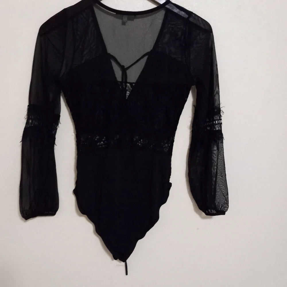 Charlotte Russe S Long Sleeved Black Eyelash Lace Trimmed Body Suit - Image 14
