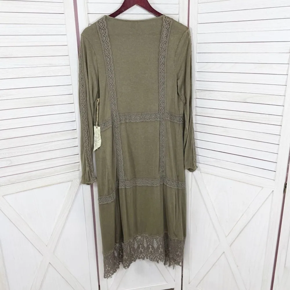 Gimmicks by BKE Buckle Boho Lace Trim Cardigan Duster Olive Green Small - Image 8