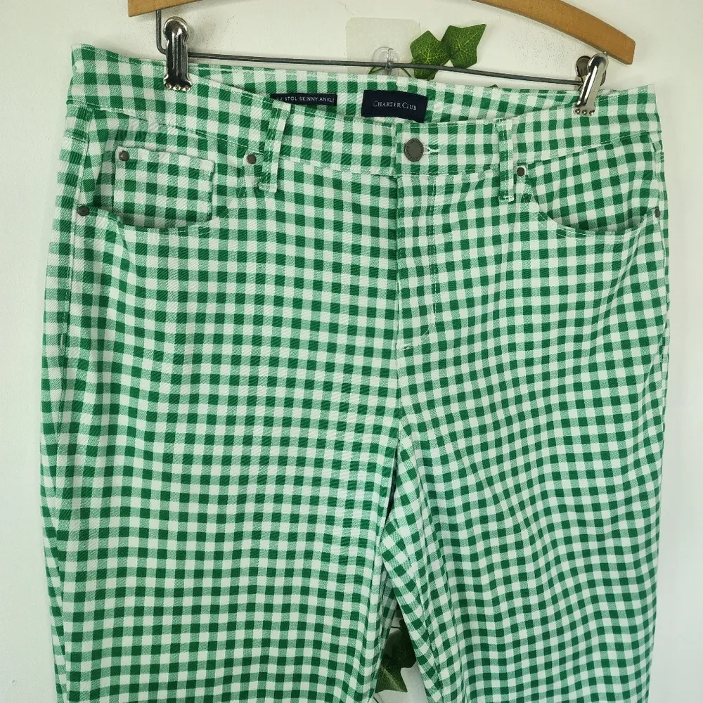 Charter Club Green and White Check Bristol Skinny Ankle Pants Size 16 - Image 3