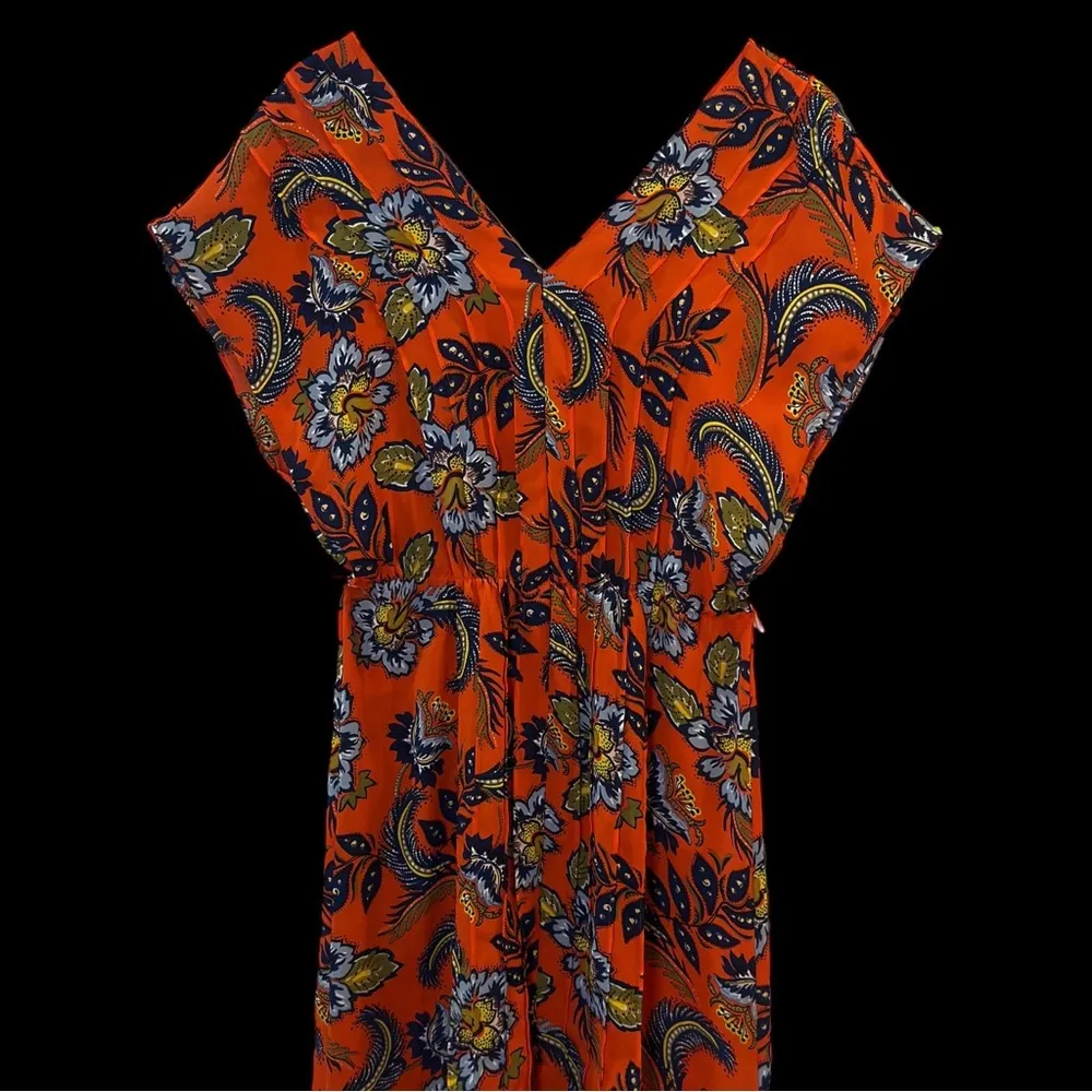 Lands'End  Orange Floral Pin-tuck V Neck Short Sleeve Midi Dress - Image 3