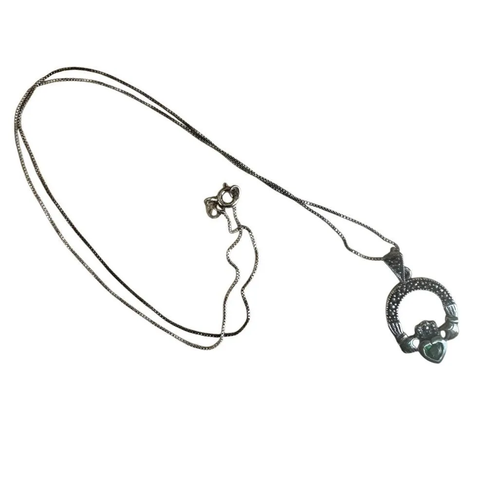 Solvar Heritage Sterling Silver Marcasite & Green Crystal Claddagh Necklace - Image 15