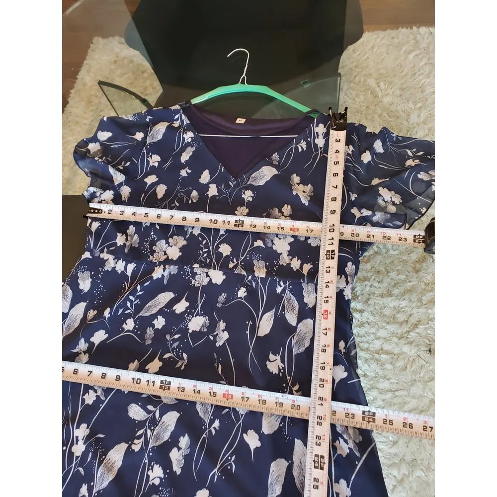 Long Maxi Dress Womens 2XL Blue Floral Lined Short Sleeve Round Neck Lace Insert Size XXL - Image 8