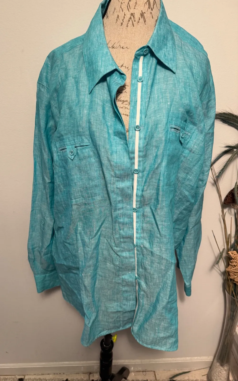 Foxcroft 24W Turquoise Linen Button Down Shirt Womens Plus Size Shaped Fit - Image 1