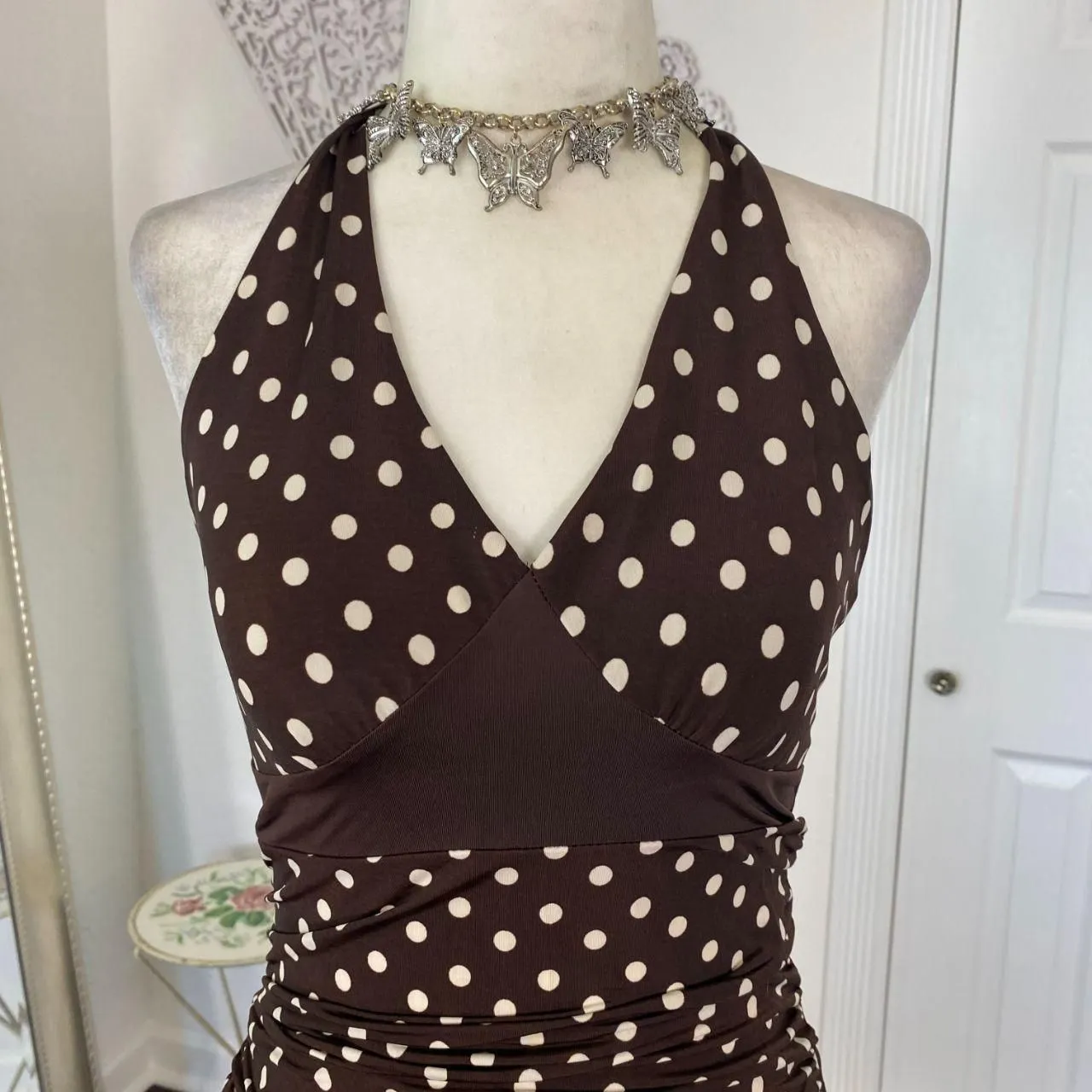 Early 2000's Cinched Soft Brown Cream White Polkadot Babydoll Halter Top M Size M - Image 6