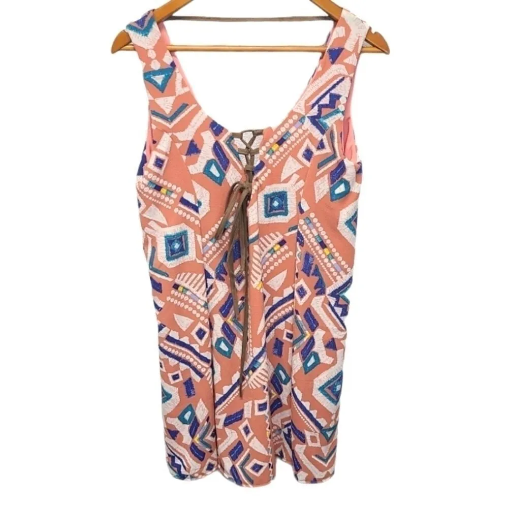 Judith March Tribal Lace up Sleeveless Mini Orange/Blue Size Small‎ - Image 4