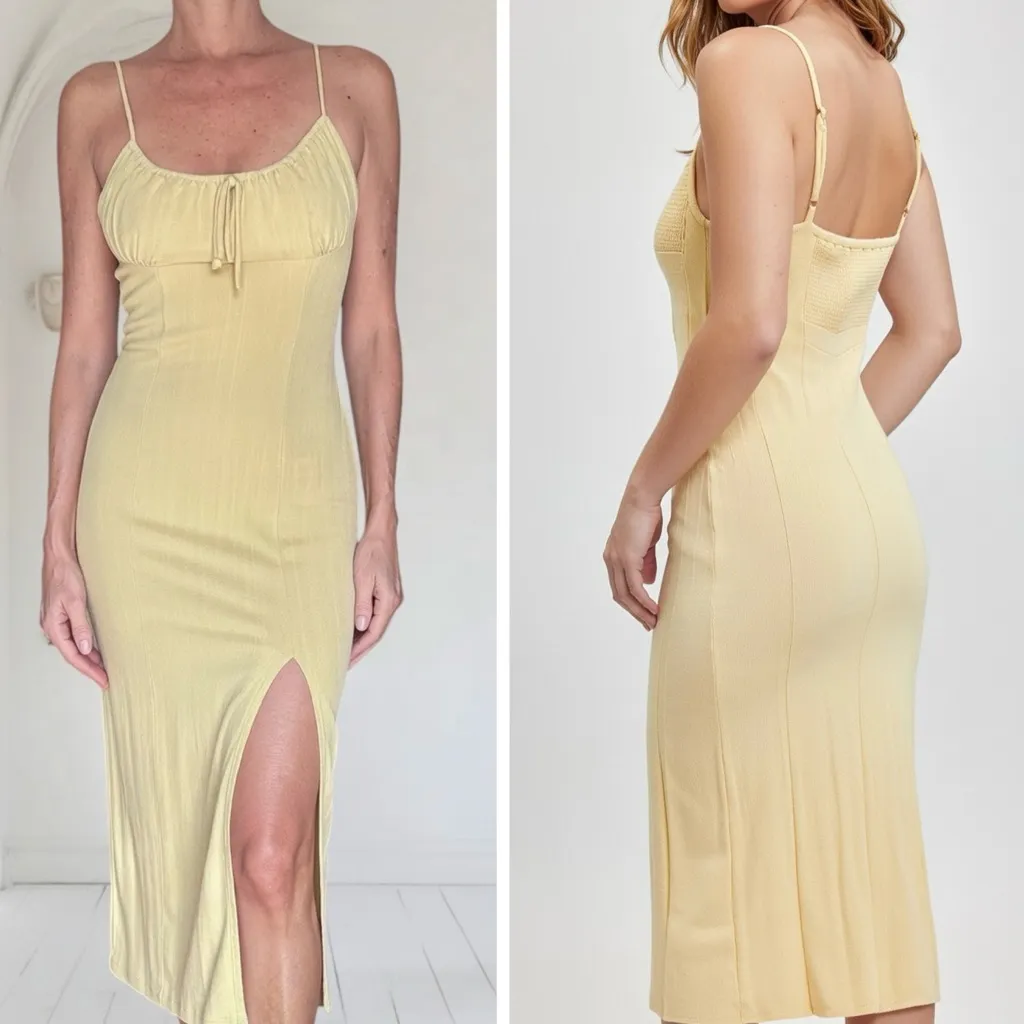 Mahina Maui Boutique Yellow Ribbed Midi Dress Large Front Slit Adjustable Straps - Image 2