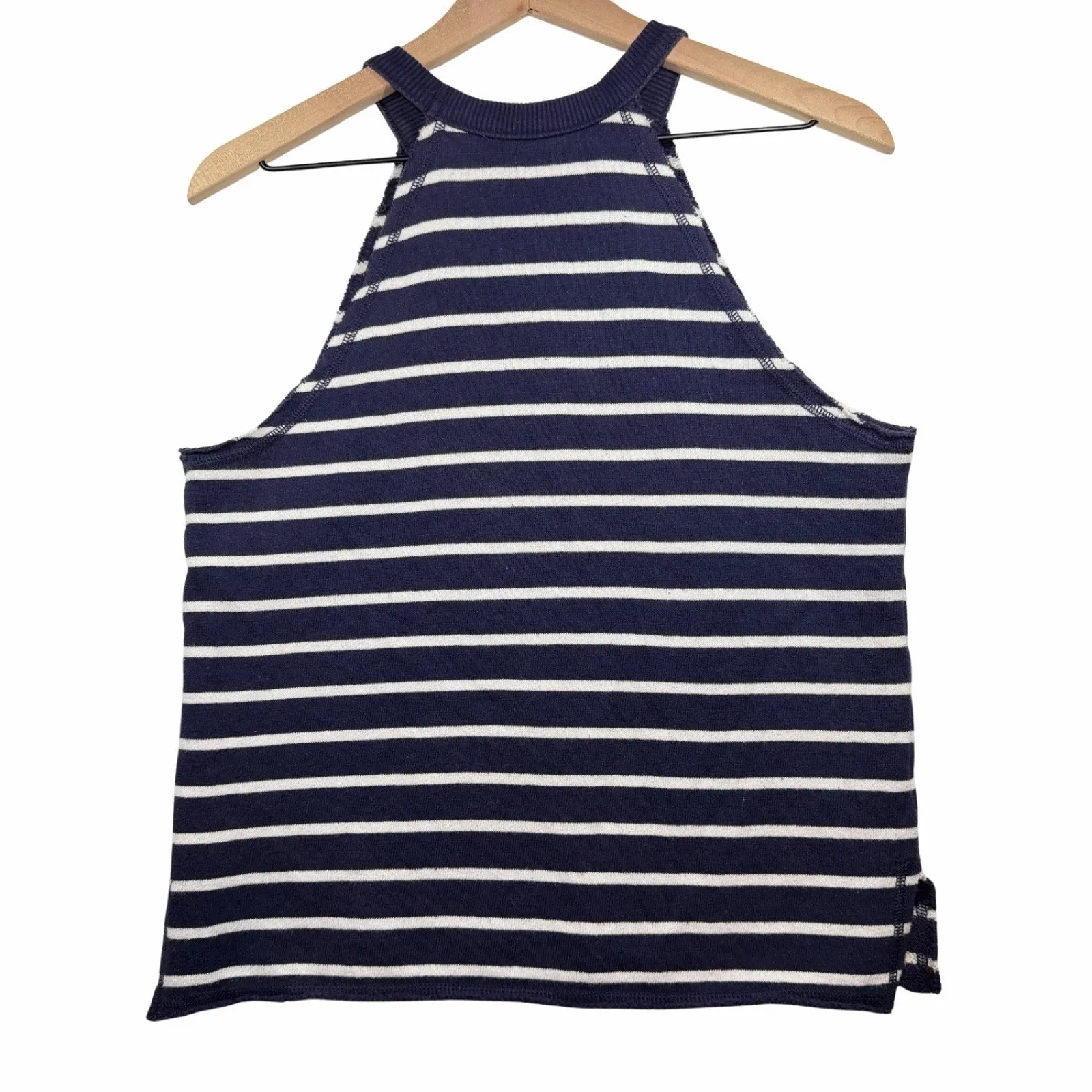 Aerie Knit Tank Top Navy Blue White Striped Raw Hem High Neck Med Summer M - Image 2