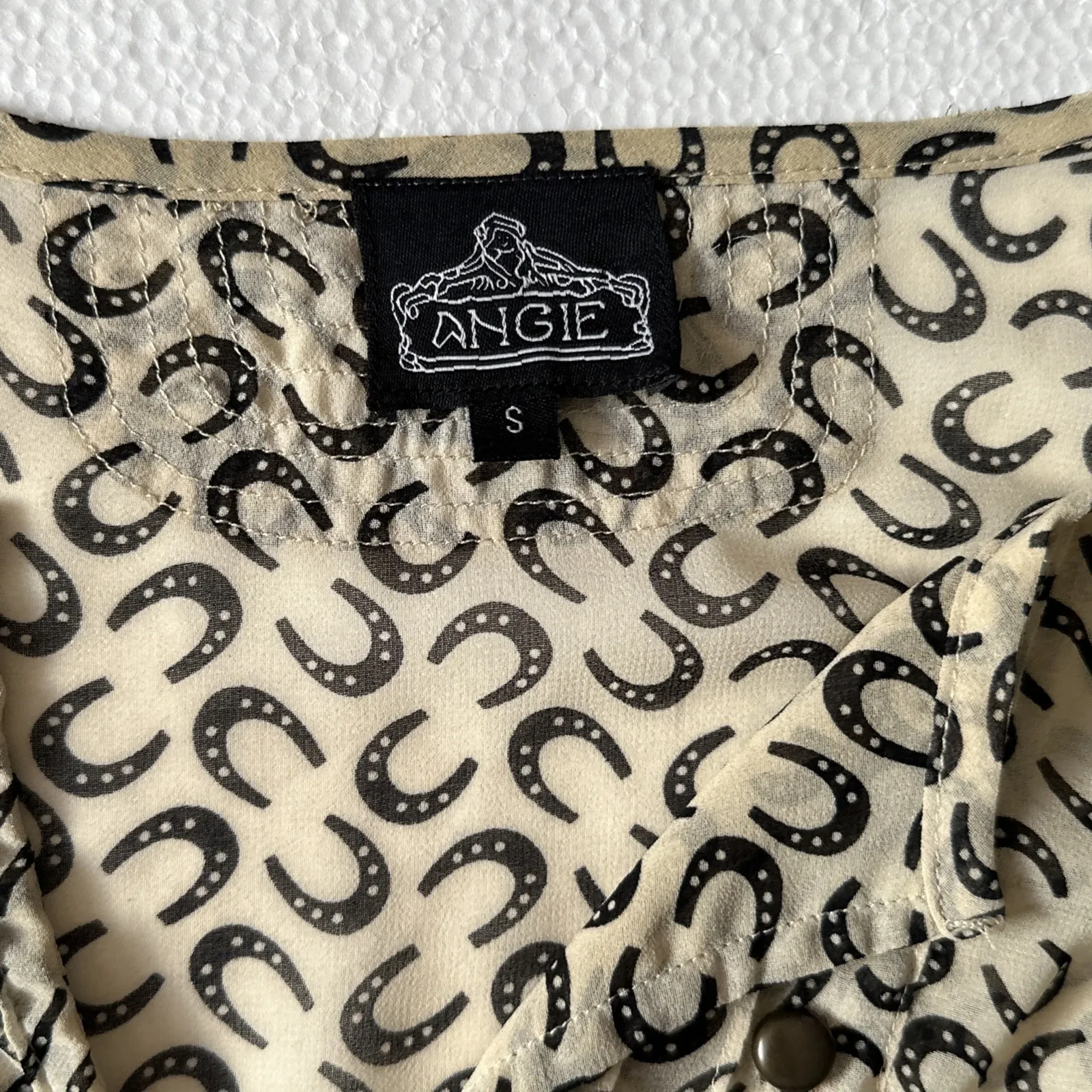 Angie Women Cream Black Short Sleeve Equestrian Brass Stud‎ Top Horse Small - Image 5