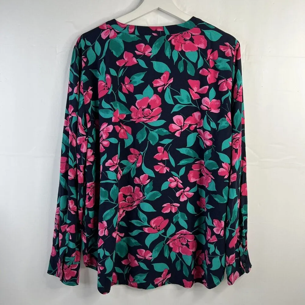 Talbots Woman Sz L Tunic Top Floral Navy Pink Popover V Neck Long Sleeve Blouse - Image 9
