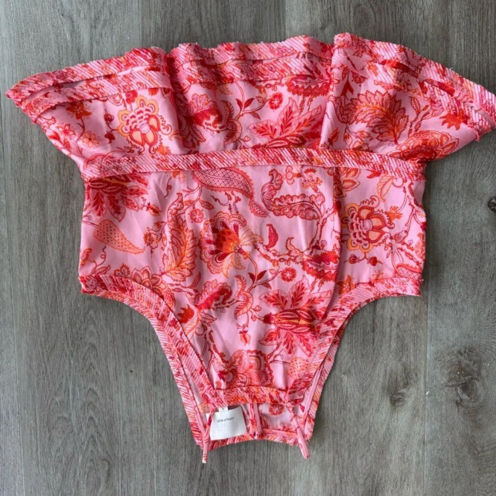 Cinq à sept peplum crop top halter pleated floral paisley pink summer preppy S - Image 3