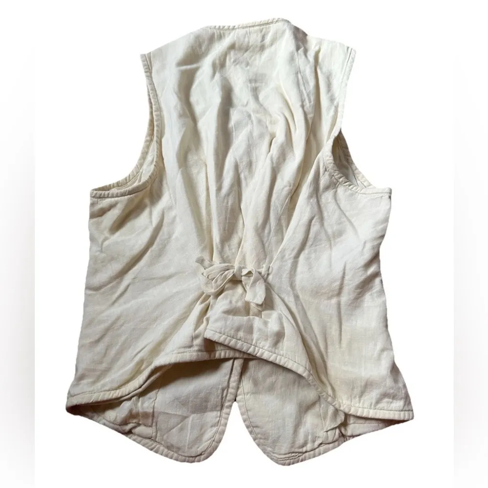 Vintage Medium Ivory Indian Vest Embroidered Flowers Boho Green - Image 2