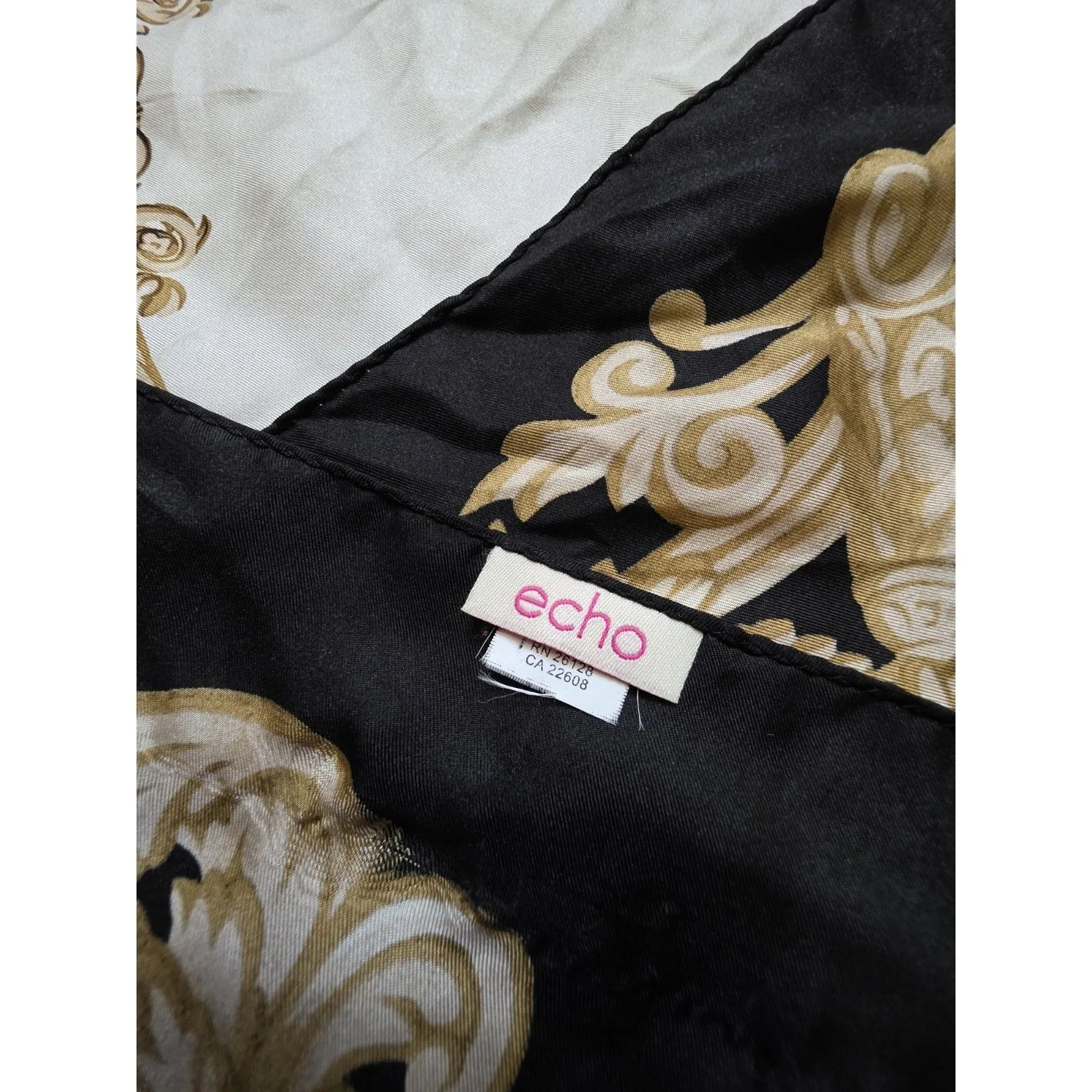 Echo White Black Gold 100% Silk 35” X 35” Square Scarf Ornate Baroque Luxury - Image 4