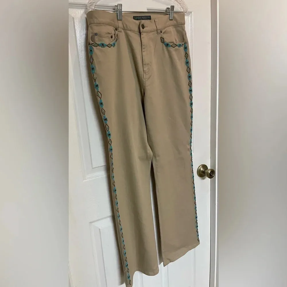 Ralph Lauren Jeans Co Western Beaded Flare Jeans Country Boho Beige Size 10 - Image 2